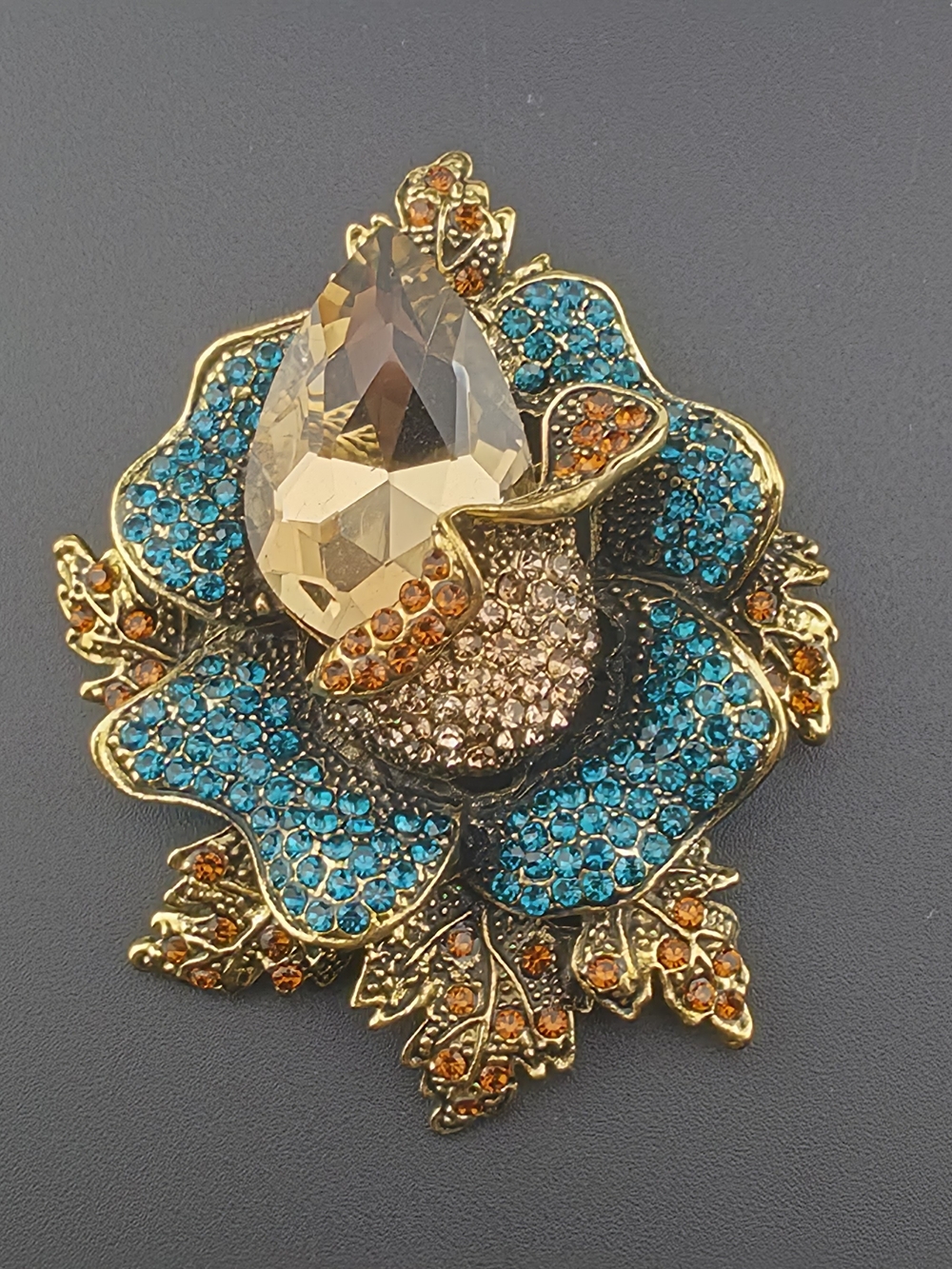 Big 3" Blue Crystal Rhinestone Flower Floral Pin Brooch Turquoise